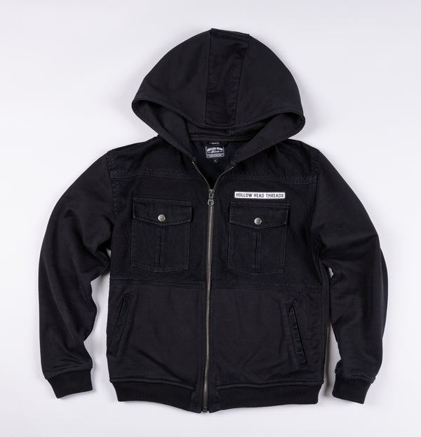 Black hoodie with a brand label on a white background